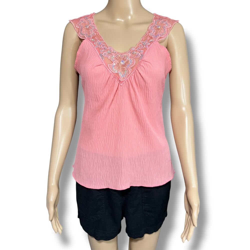 Y2K Uno Core Pink Boho Embroidered Sequin Sleeveless Blouse Crinkle Top Medium